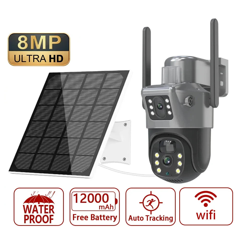 Beveiligingscamera's - Camerabewaking - Buitencamera - Zonnecamera - Waterdicht - 4K - 8MP - WiFi PTZ  - Dual Lens & Dual Screen – Bewegingsdetectie en Menselijke Tracking – Buitenbeveiliging – IP Camera met Nachtzicht