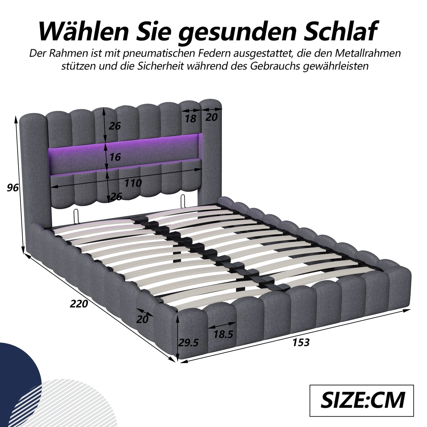 Tweepersoonsbed – Bed – Slaapbed – Bedframe – Gestoffeerd Bed – Grijs 140x200 cm – Verlicht Hoofdbord Met Instelbare LED’s – Ingebouwde USB-Oplaadpoort
