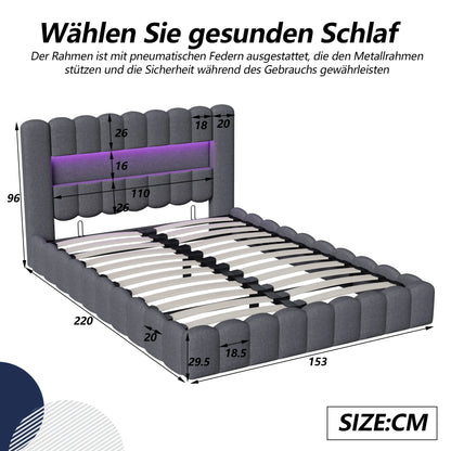 Tweepersoonsbed – Bed – Slaapbed – Bedframe – Gestoffeerd Bed – Grijs 140x200 cm – Verlicht Hoofdbord Met Instelbare LED’s – Ingebouwde USB-Oplaadpoort