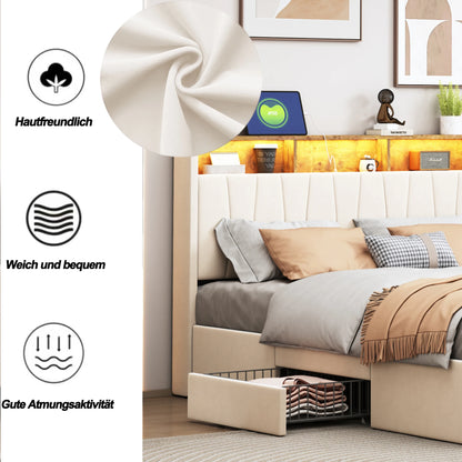 Bedombouw – Gestoffeerd Bed – Tweepersoonsbed – Opbergbed – Ledikant – 160x200 cm – Met LED-verlichting en USB Type-C Poorten