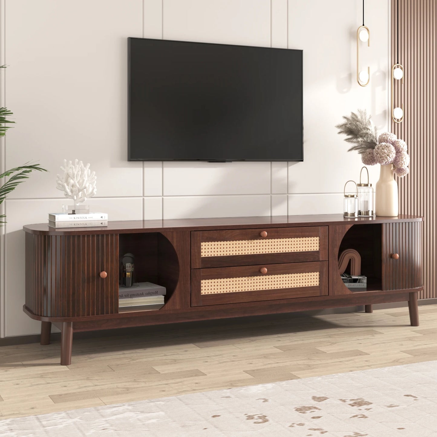 Tv-kast – TV Meubel – TV Dressoir – Livingroom Furniture – TV Standaard – Massief Hout – Handgevlochten Rieten Lades - QUORE