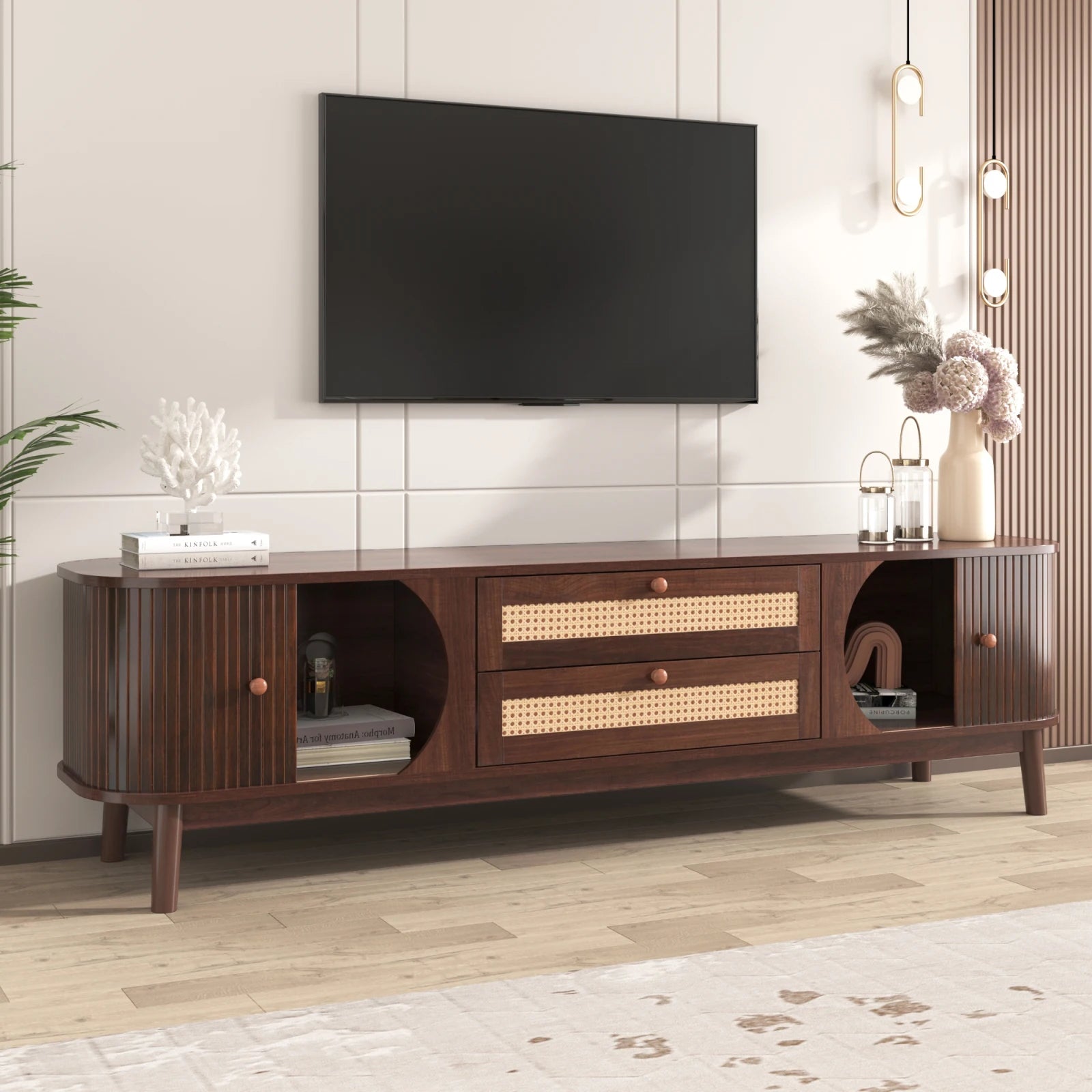 Tv-kast – TV Meubel – TV Dressoir – Livingroom Furniture – TV Standaard – Massief Hout – Handgevlochten Rieten Lades - QUORE