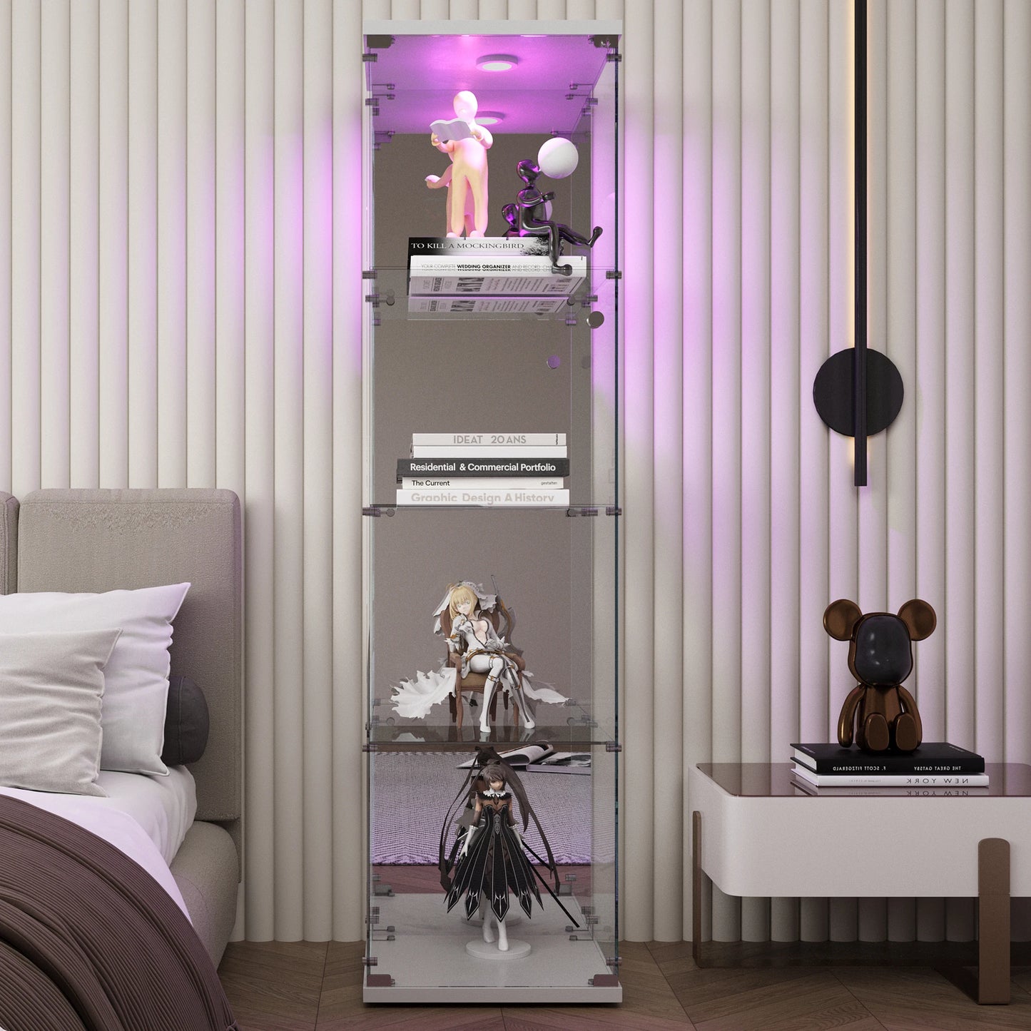 Vitrinekast – Glazen Kast – Displaykast – Glazen Vitrine – Zwarte Houten Kast – 4 Verstelbare Glazen Planken – Ingebouwde LED-Verlichting