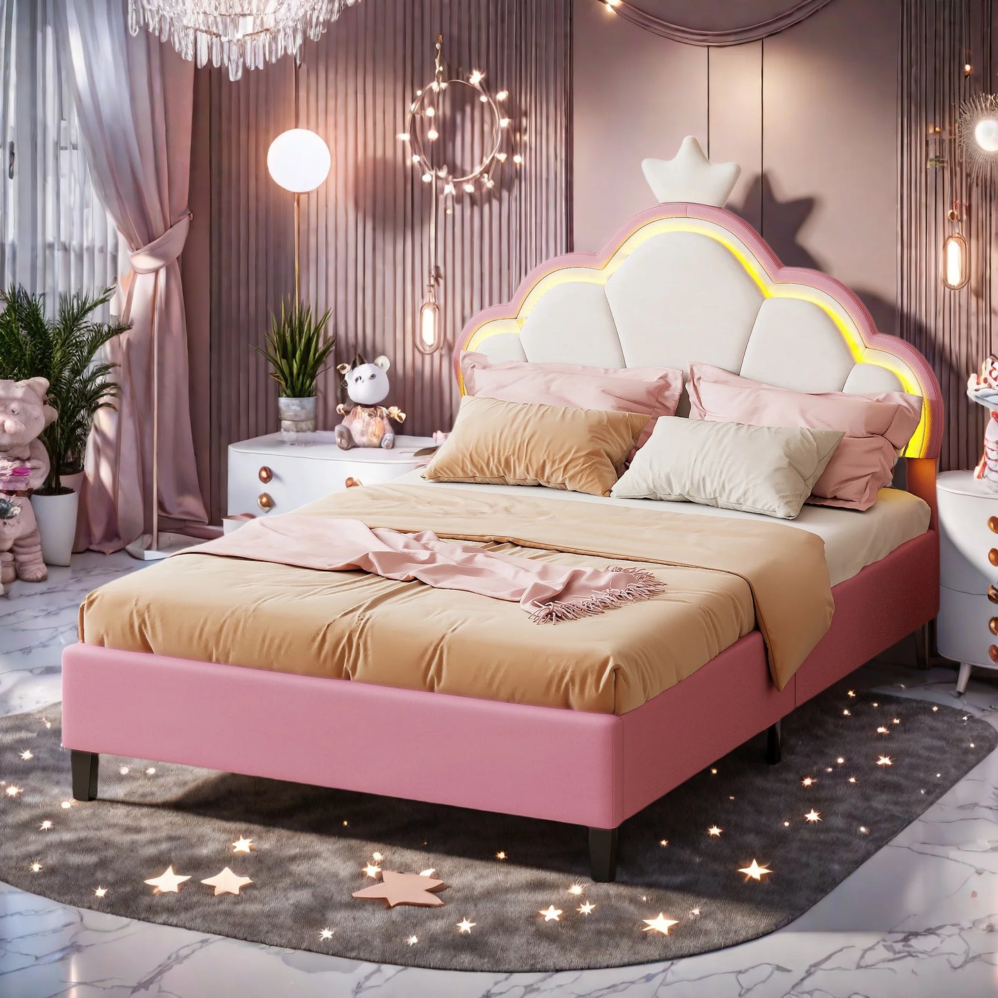 Modern Gestoffeerd Bed – Gestoffeerd Bedframe – Fluwelen Bed – Velours Bed – Slaapbed – 140x200 CM – Bloemvormig Hoofdeinde Met Kroon – Verstelbare Led-Verlichting
