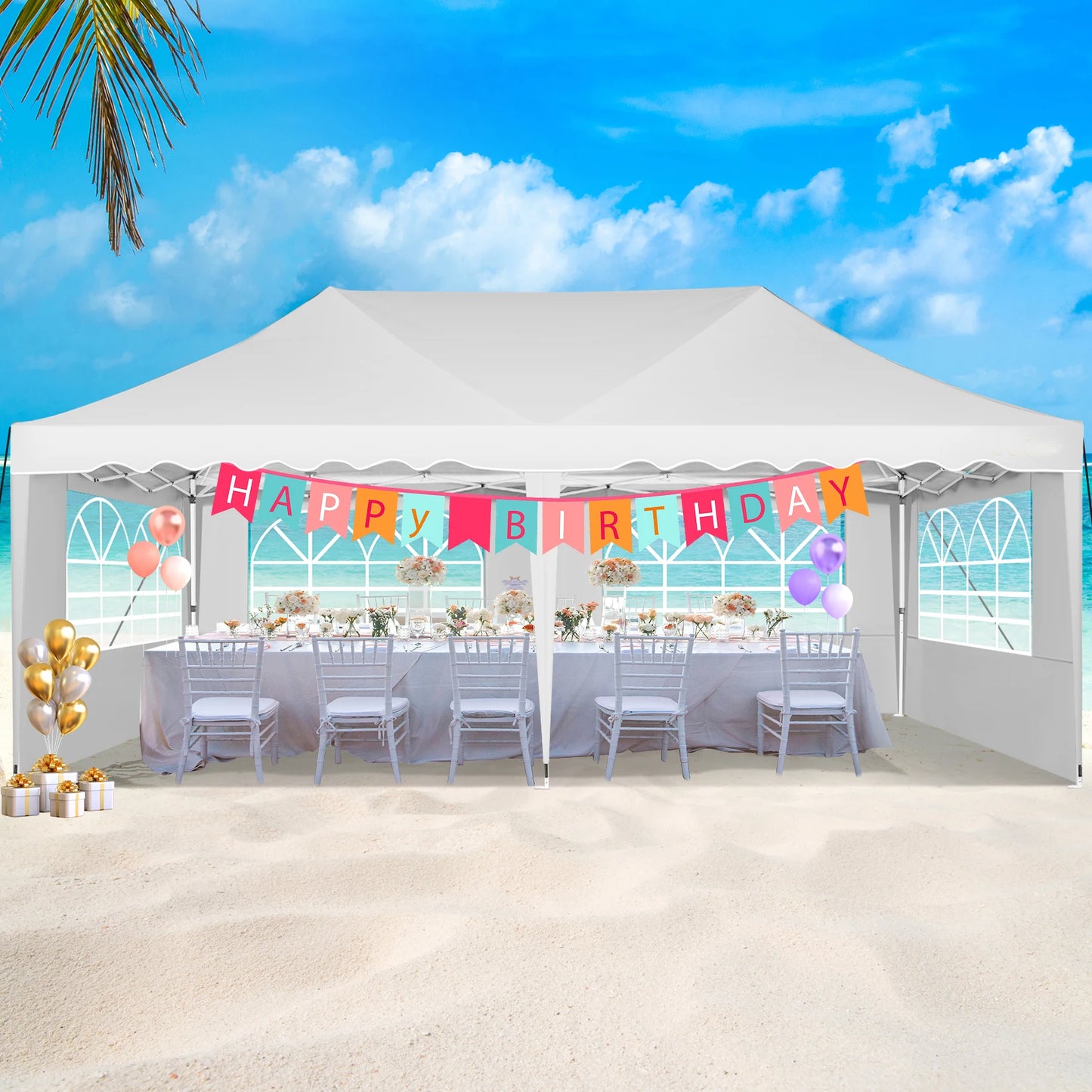 Partytent – Tuinpaviljoen – Evenemententent – Overkapping – 3x6 Meter – Staalframe – Waterdicht Met Zijwanden - Wit