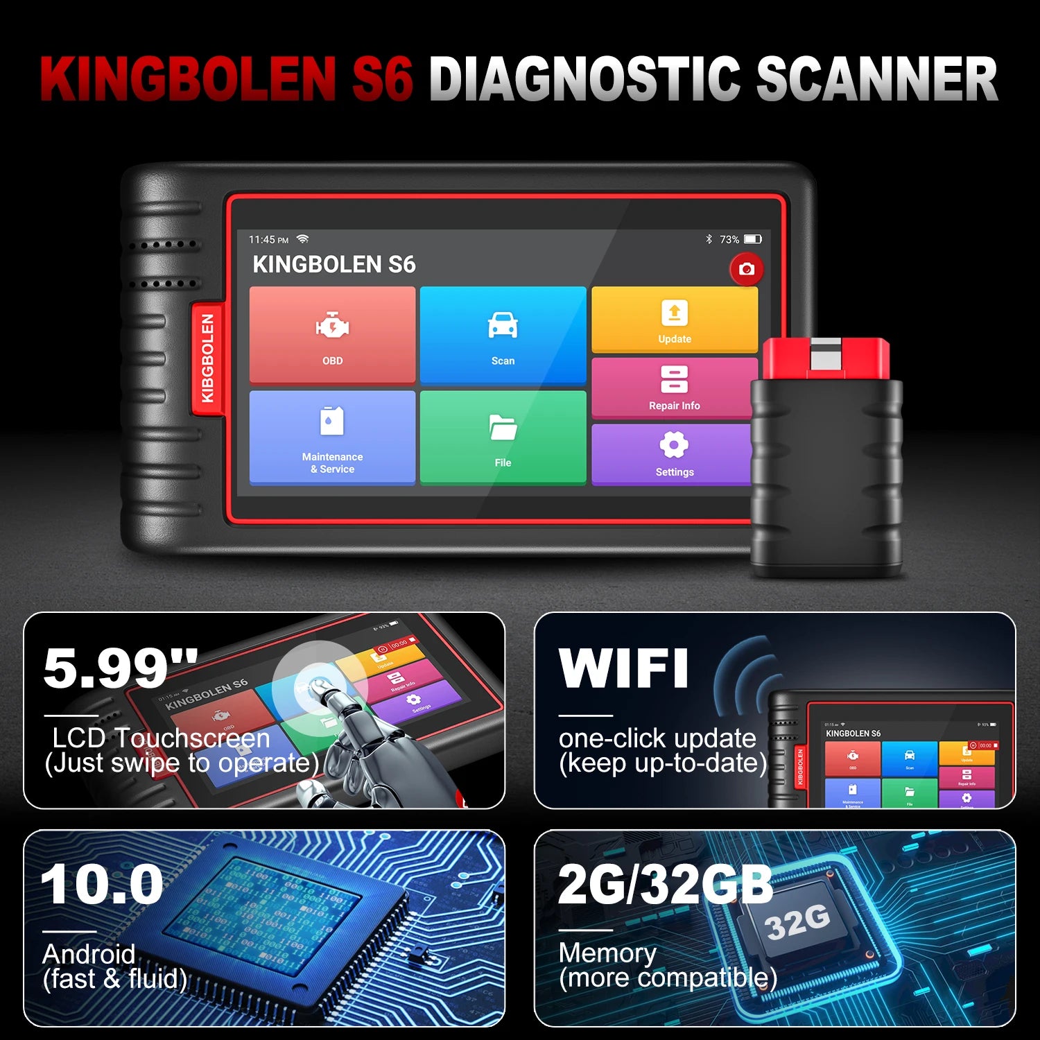 Bluetooth OBD2 Scanner – Auto Diagnostiek – Foutcode Uitlezer – Dashboard Scanner – VIN-Herkenning – 6 Inch Touchscreen – Bluetooth Verbinding - QUORE