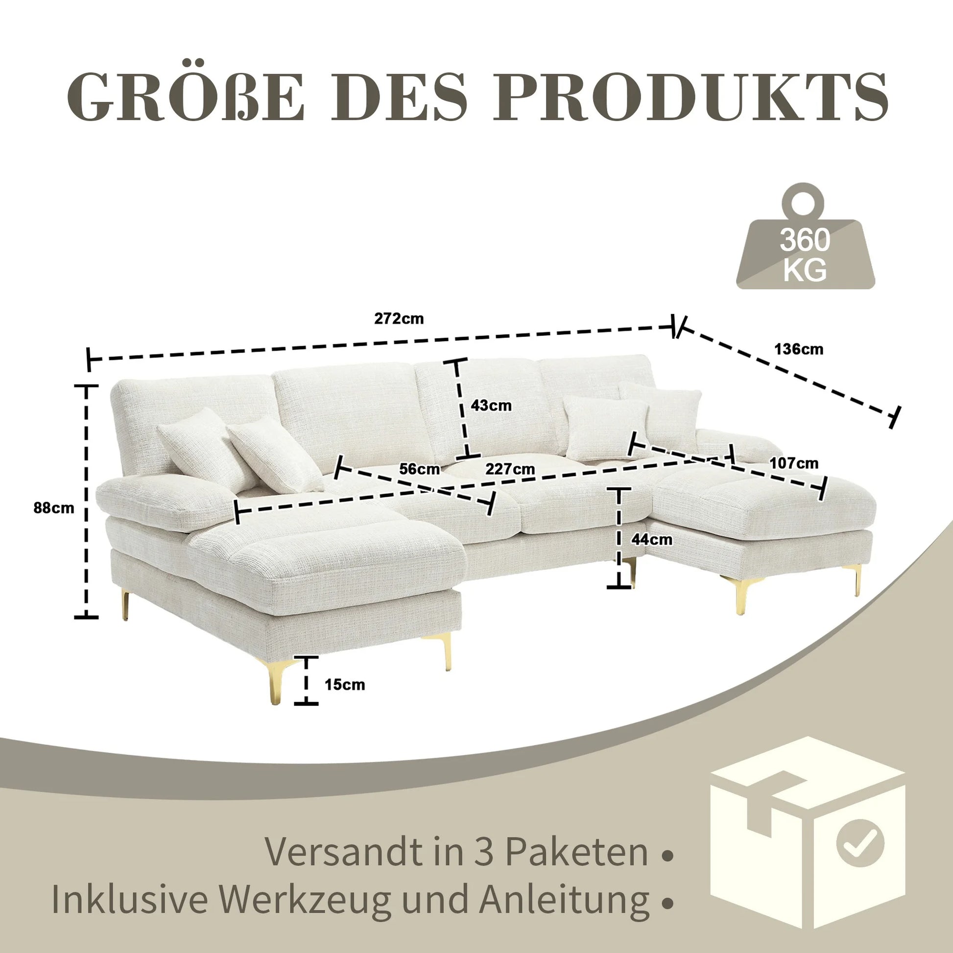 Hoekbank – Zithoek – Loungebank – U-Vormige Bank – Witte Hoekbank – Hoogwaardig Chenille – Gouden Metalen Poten - QUORE