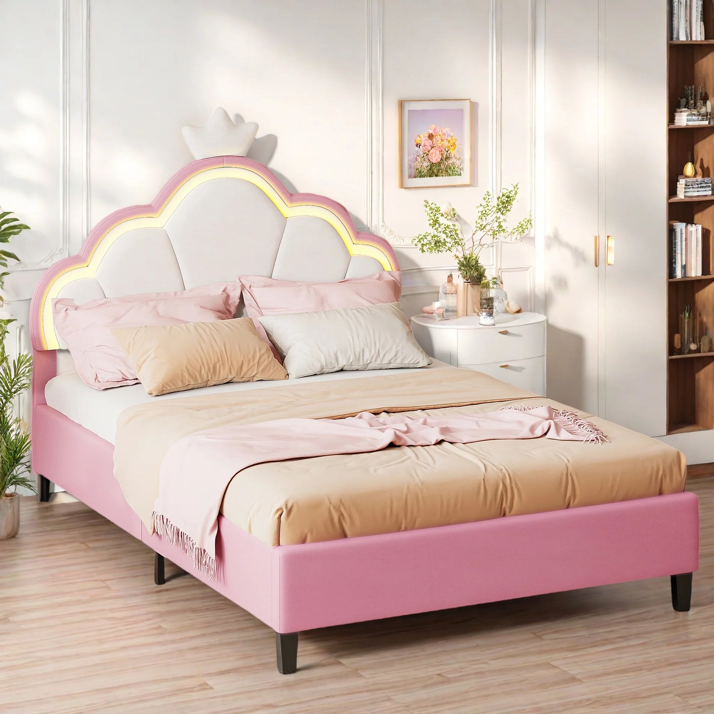 Meisjesbed – Jongensbed – Kinderbed – Tienerbed – Eenpersoonsbed – 140x200 cm – Verstelbaar LED Hoofdeinde – Zachte Velvet Bekleding
