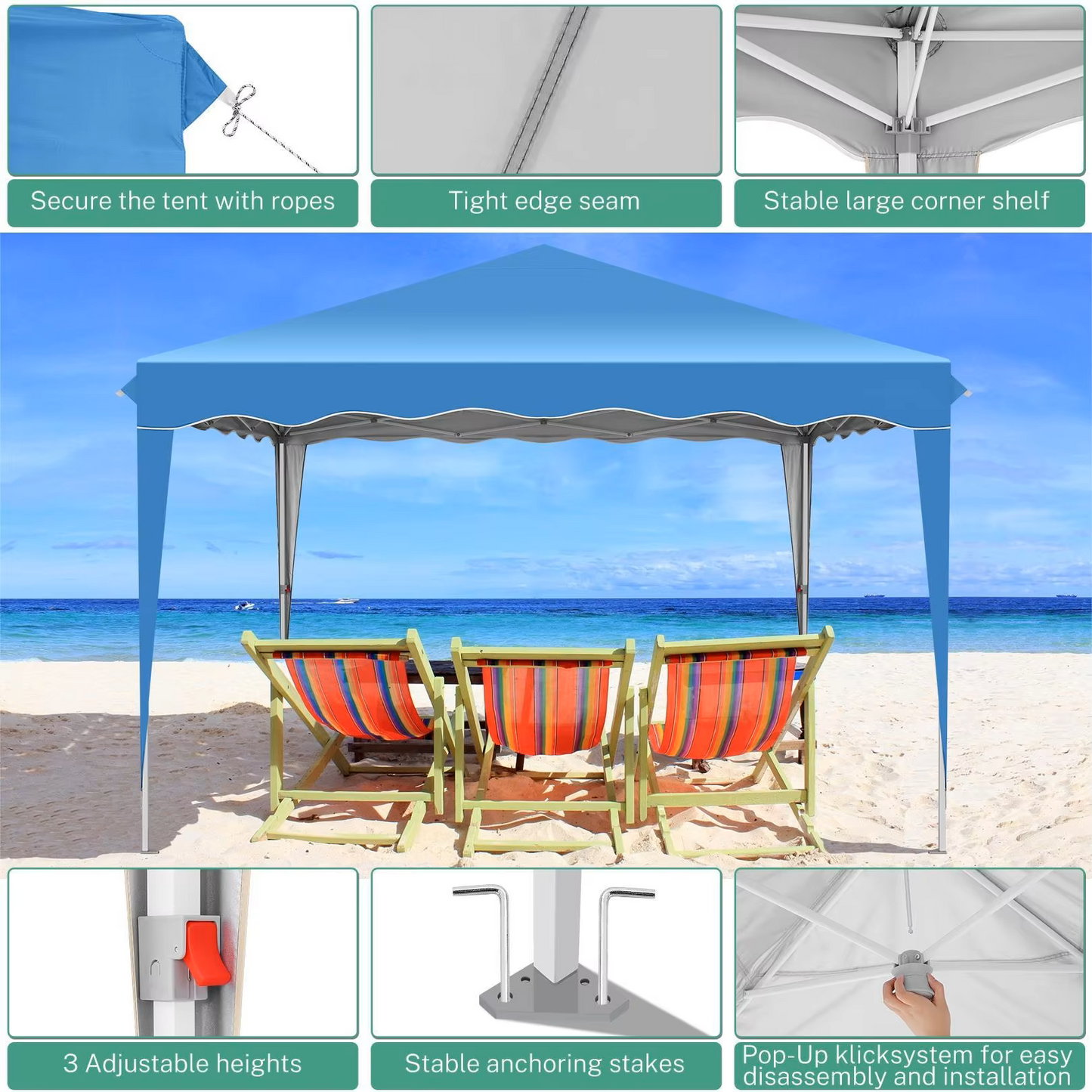 Paviljoen - Tuinpaviljoen - Partytent - Tuintent - Pop-up Kliksysteem - Stabiel - Vouwtent - Verwijderbaar Zijpanelen - Opvouwbaar - Waterdicht - Hoogte Verstelbaar - 50+UV-Bescherming - voor Tuin - Buiten - Achtertuin - 210D Oxford-stof - 3 x 3 m - Blauw