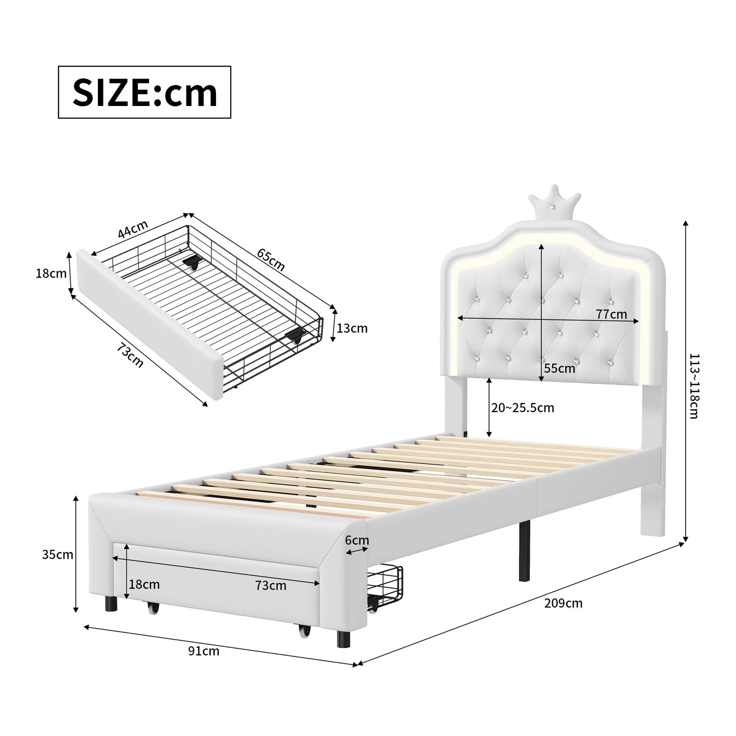 Kinderbed – Eenpersoonsbed – Twijfelaar – Meisjesbed – Jongerenbed – Verstelbaar Hoofdeinde – Ledverlichting – Opbergladen – 90x200 cm – Wit – PU Kunstleer – Stevig MDF