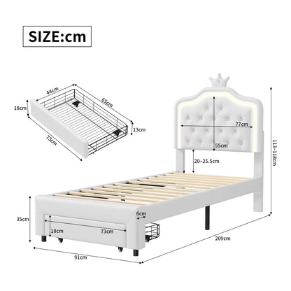 Kinderbed – Eenpersoonsbed – Twijfelaar – Meisjesbed – Jongerenbed – Verstelbaar Hoofdeinde – Ledverlichting – Opbergladen – 90x200 cm – Wit – PU Kunstleer – Stevig MDF