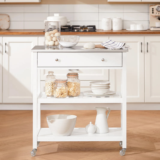 Servierwagen – Keukentrolley – Serveerwagen – Desserwagen – Witte Variant – RVS Werkblad – Zwenkwieltjes Met Remfunctie
