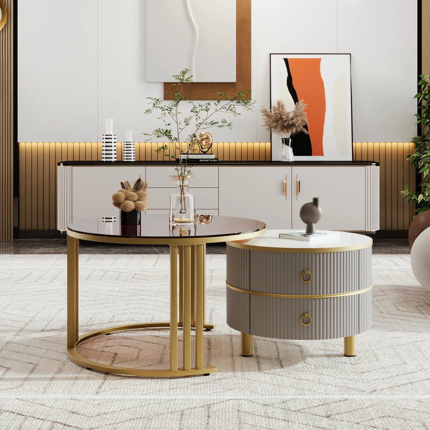 Salontafel – Bijzettafel – Woonkamertafel – 2-in-1 Tafel – MDF En Dennenhout – Glazen Blad – Opberglade - Grijs