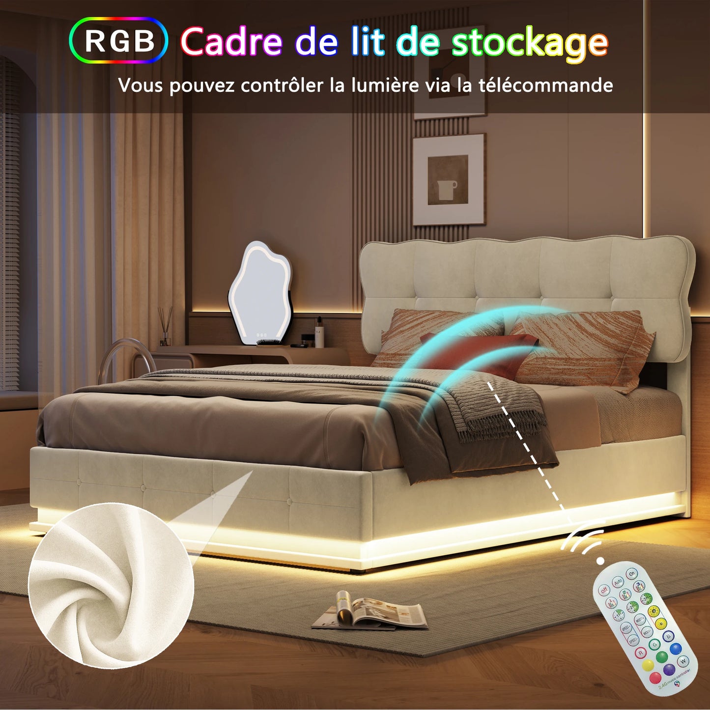 Tweepersoonsbed – Bed – Slaapbed – Opbergbed – Velvet Bed – Beige 140x200cm – Met Opbergruimte – Instelbare RGB LED-Verlichting