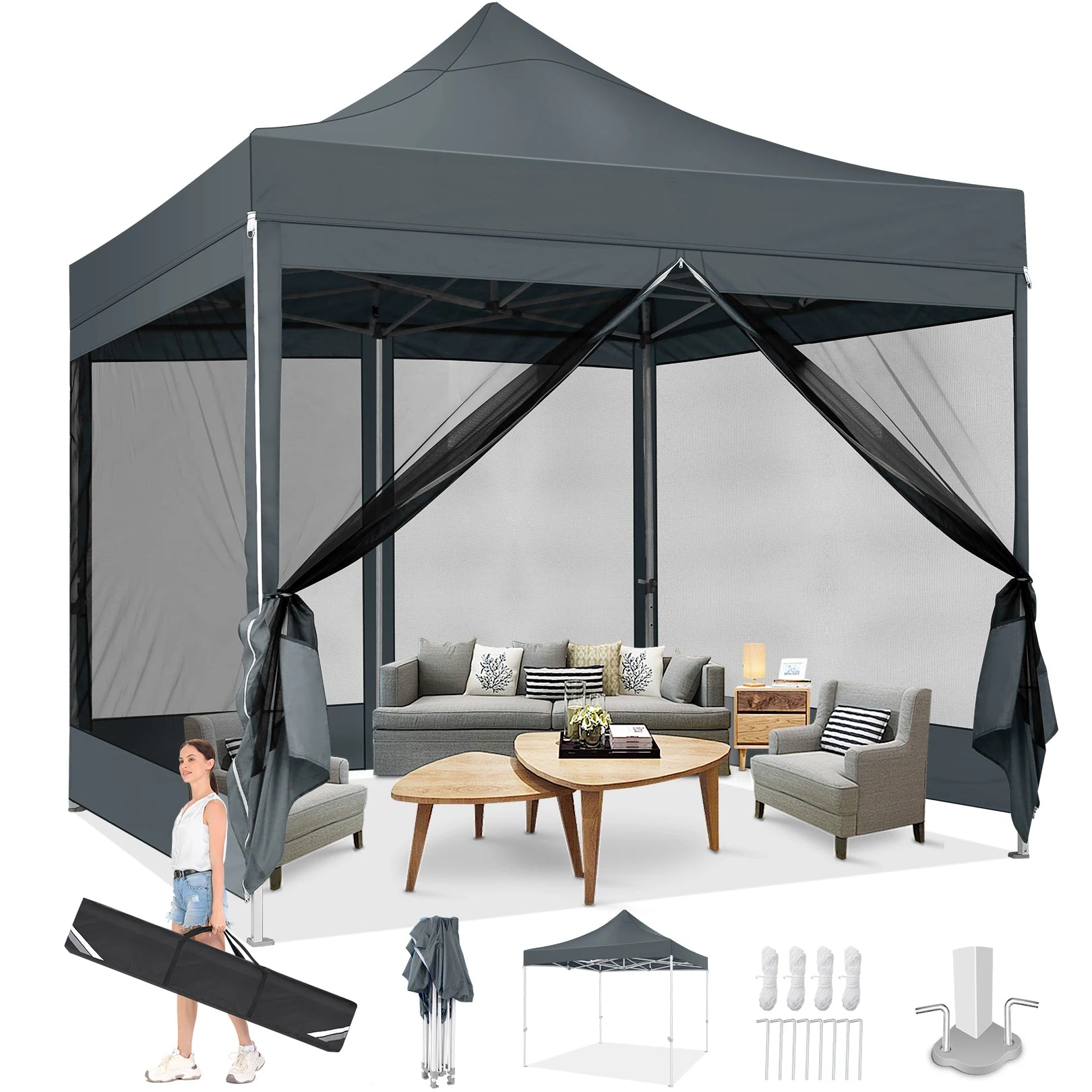 Opvouwbaar Tuinhuisje – Pop-Up Tent – Overkapping – Insectenbescherming – Waterdicht Oxford – Drie Verstelbare Hoogtes - Grijs - QUORE