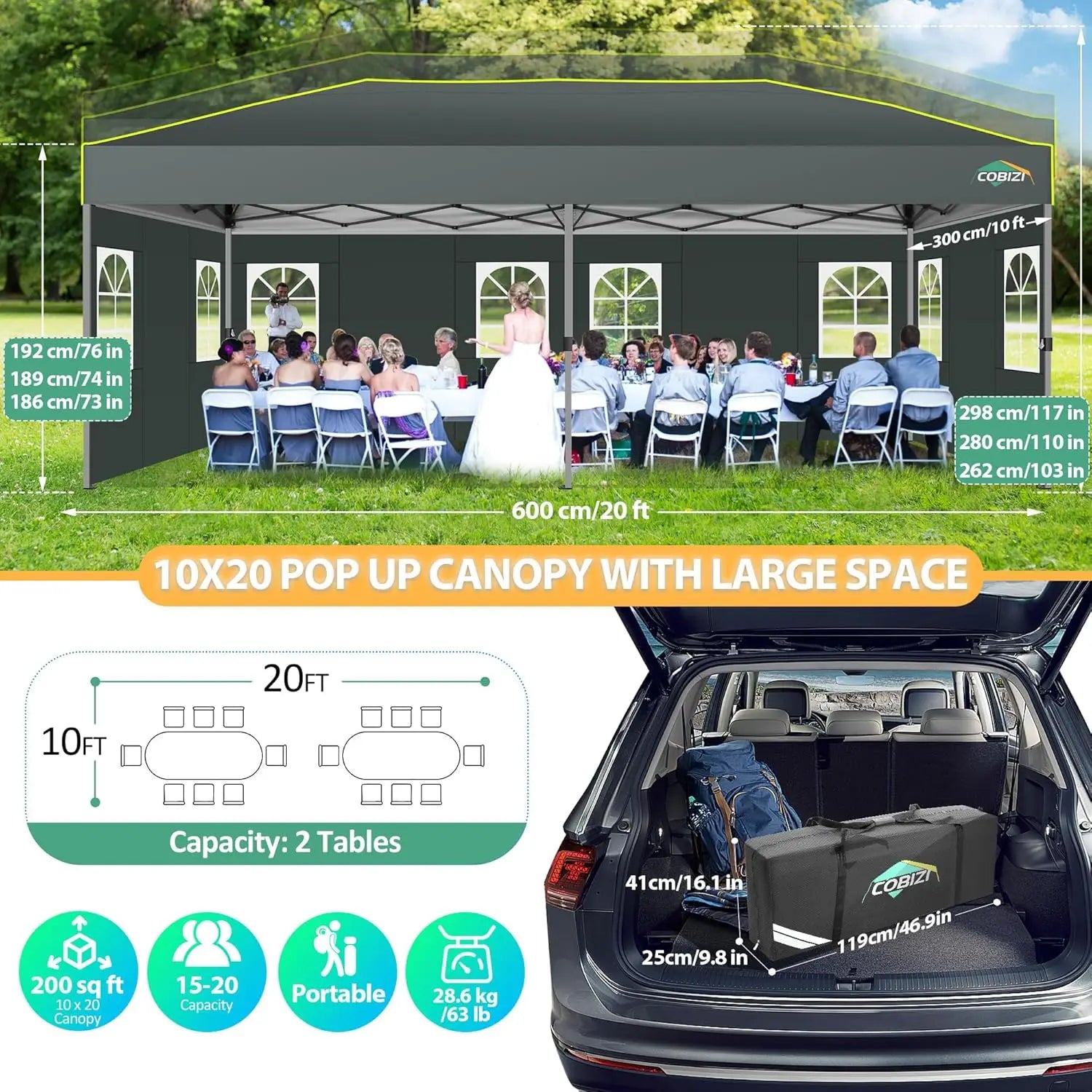 Pop-Up Tent – Partytent – Tuin Tent – Markt Tent – Waterdicht 210D Oxford Polyester – Verstelbare Hoogte – UPF 50+ Zonbescherming - Zwart - QUORE