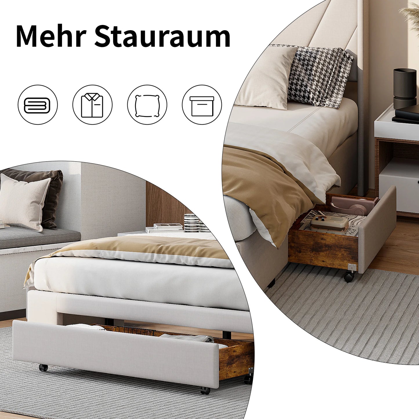 Gestoffeerd Bed – Tweepersoonsbed – Ladebed – Opbergbed – Bedframe – 140x200 cm – 3 Ruime Laden – Linnen Bekleding