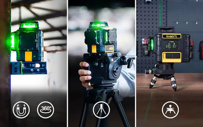 Zelfnivellerende Laser – Laserlijnmeter – Laser Waterpas – Meetlaser – 3x 360° Lijnen – Groen Licht – IP54 Spatwaterdicht – 18 Uur Batterijduur