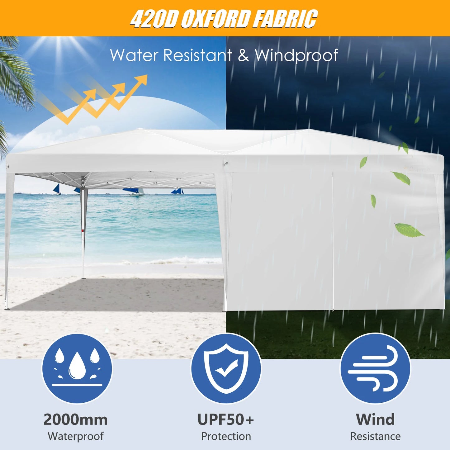 Pop-Up Partytent – Pop-Up Tent – Gazebo – Evenemententent – Feesttent – Waterdichte Oxford-Kap – 3x6 Meter – Met 6 Afneembare Zijwanden - Wit - QUORE