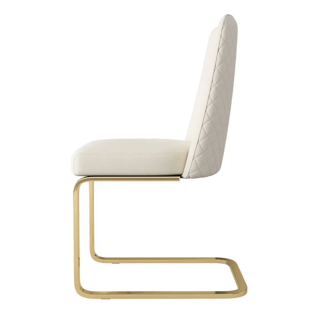 Eetkamerstoel – Set Van 6 - Velours Woonkamerstoel – Comfortabele Fauteuil – Lounge Stoel – Zacht Gewatteerd Zitvlak – Goud Metalen Pootjes - Beige