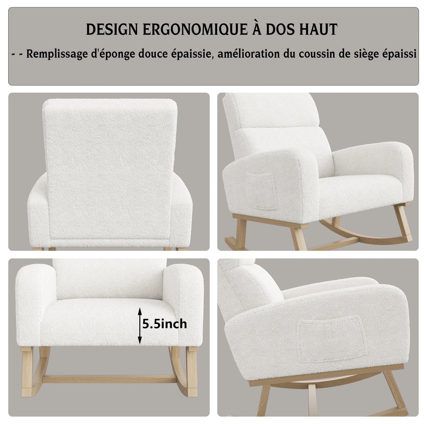 Schommelstoel Teddy Velvet – Schommelzetel – Relaxstoel – Leunstoel – Lounge Stoel – Beige – Comfortabele 5,5 cm Dikke Kussens – Stevige Houten Poten met Anti-Slip Pads - QUORE