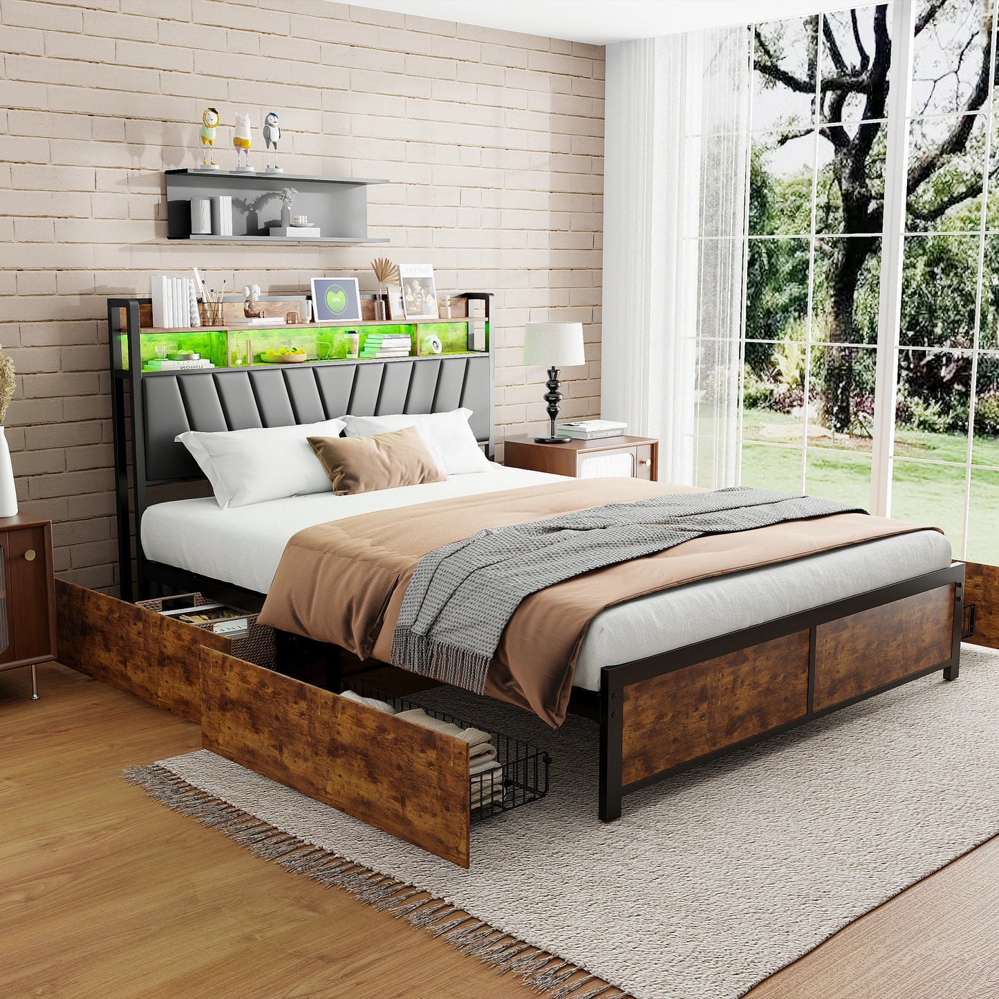 Tweepersoonsbed – Bedframe – Opbergbed – Ladebed – Stalen Bed – 140x200 cm – Met 4 Lades – Met Metalen Lattenbodem