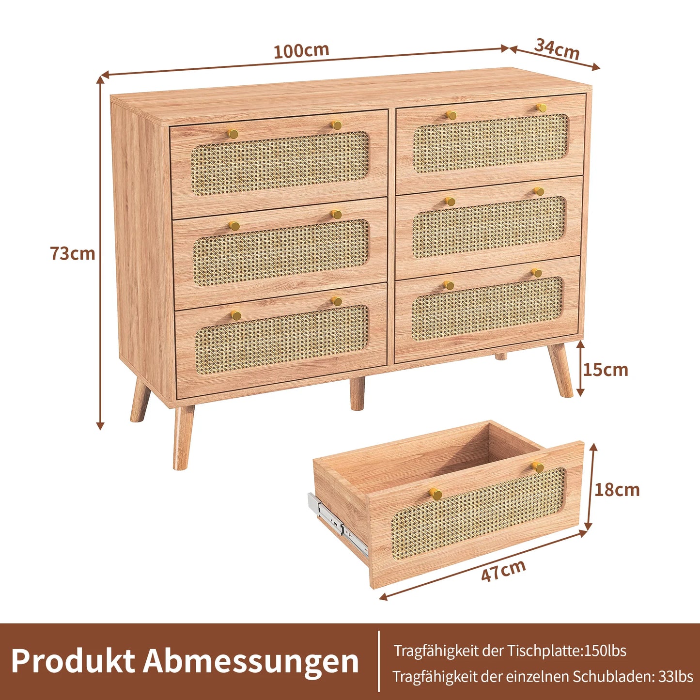 Ladekast Houten Kast Ladeblok Dressoir Slaapkamerkast – 6 Lades – Beige Houtfineer – Gedempte Rails – 100 cm Breed