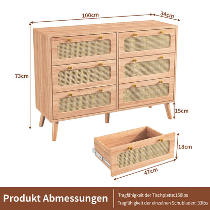 Ladekast Houten Kast Ladeblok Dressoir Slaapkamerkast – 6 Lades – Beige Houtfineer – Gedempte Rails – 100 cm Breed