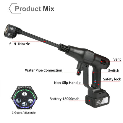 Hogedruk Auto Wasmachine -  Hogedruk Waterpistool - Hogedrukreiniger - Hogedrukspuit - Auto-Wasser - 200Bar - Brushless - 6IN1 - 18V - Draadloze - 1 Batterij