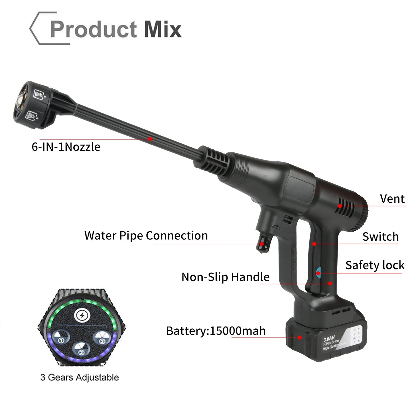 Hogedruk Auto Wasmachine -  Hogedruk Waterpistool - Hogedrukreiniger - Hogedrukspuit - Auto-Wasser - 200Bar - Brushless - 6IN1 - 18V - Draadloze - 2 Batterij