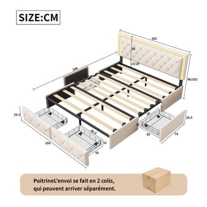 Bed – Bedframe – Slaapbed – Opbergbed – Kunstleerbed – Beige – 160x200 cm – Met 4 Opberglades – Stevig Metalen Frame