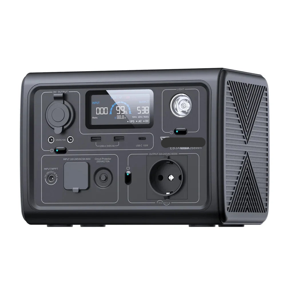 Draagbare Powerstation – Powerbank – Mobiele Accu – Noodstroom – Camping Accu – 600W Pure Sinusgolf – 268Wh Capaciteit