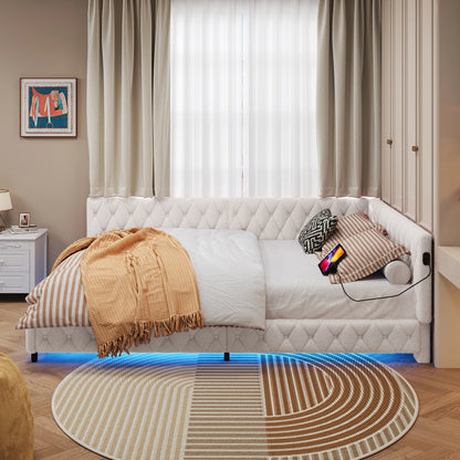 Bankbed – Slaapbank – Bedbank – Logeerbed – Sofa Bed – L-Vormig 140x200 cm – Teddy Velvet Bekleding Met LED-Verlichting En USB-Aansluitingen