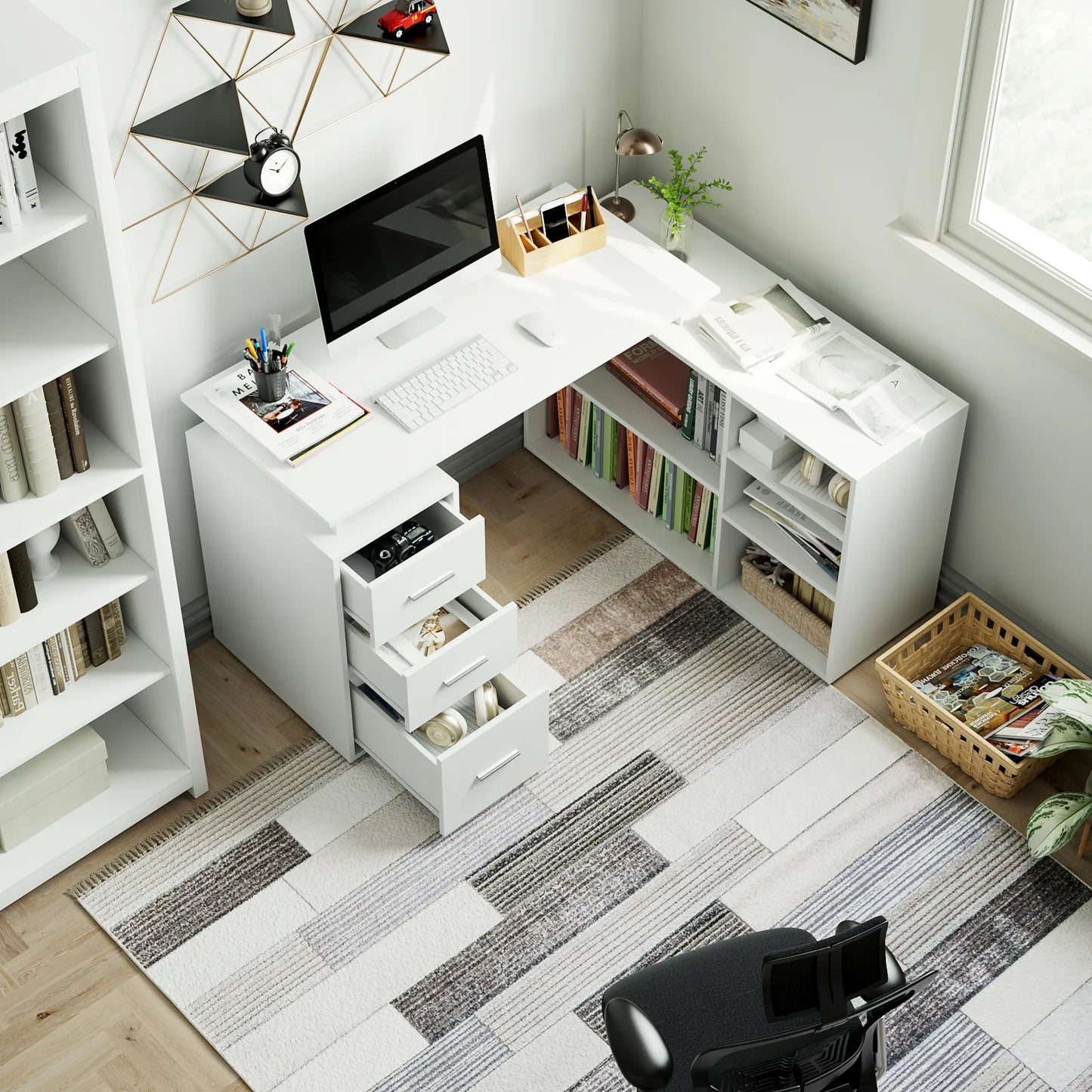 Hoekbureau – L-vormig Bureau – Werkplek Bureau – Studiebureau – Kantoormeubel – Wit – Verstelbare Planken – 3 Opberglades – 129x104 cm