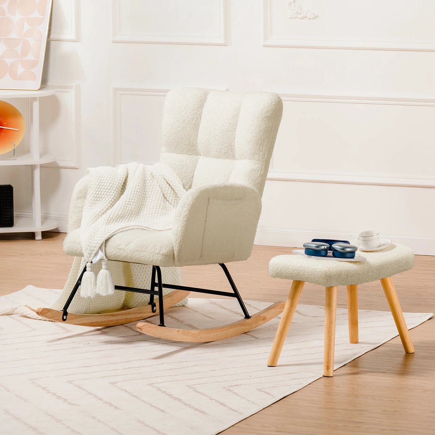 Schommelstoel – Relaxstoel – Fauteuil – Voedingsstoel – Loungefauteuil – Teddypluche Bekleding – Inclusief Voetenbankje – Draagvermogen 150 kg