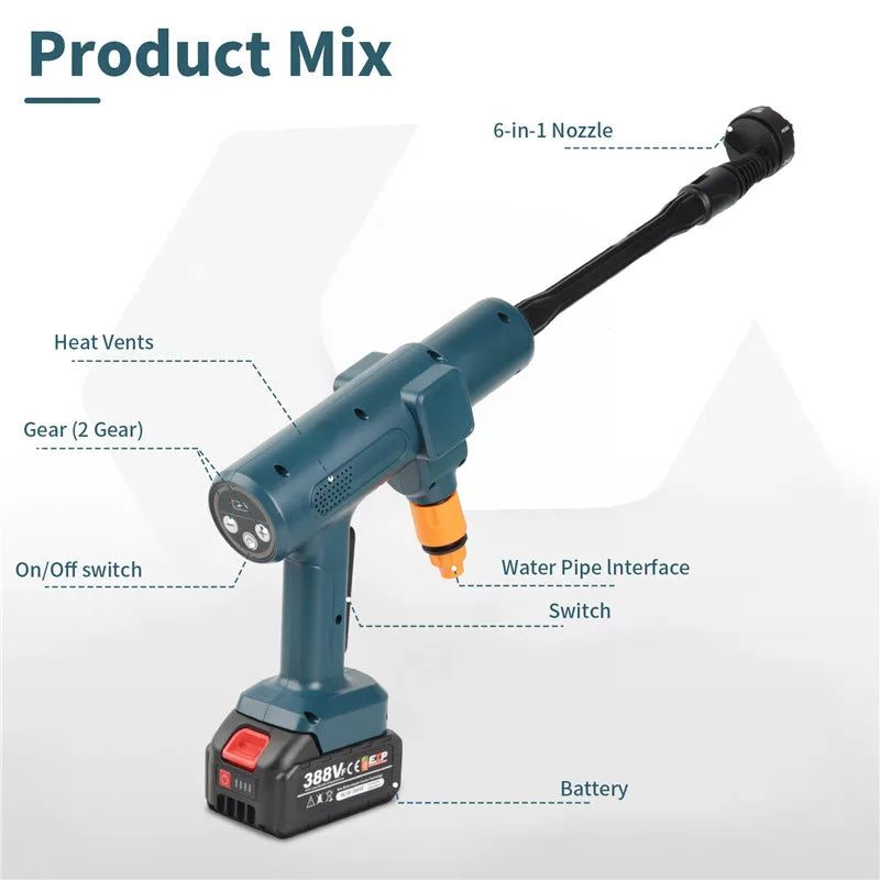 Elektrische Hogedruk Waterpistool - Hogedrukreiniger - Hogedrukspuit - Hogedruk Auto-Wasser - 200Bar - Brushless - 6-in-1 - 18V - Draadloze - 2 Batterij