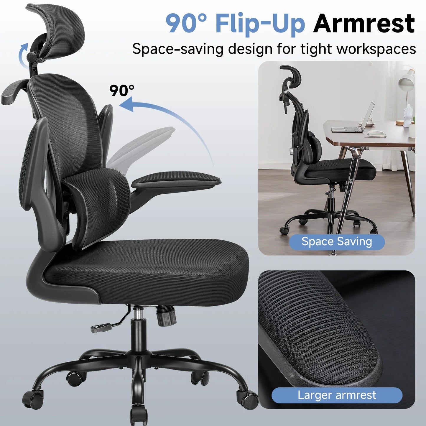 Bureaustoel – Office Chair – Gamingstoel – Werkstoel – Computerstoel – Ergonomische 3D Hoofdsteun – Verstelbare Lendensteun – Inklapbare Armleuningen – Jas- en Tashaak – Beige Mesh