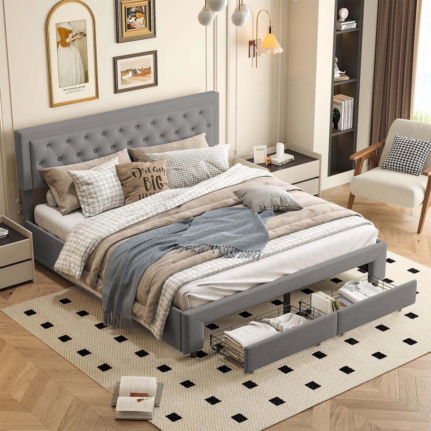 Gestoffeerd Tweepersoonsbed – Opbergbed – Hydronisch Bed – Ladebed – Modern Bed – 160 X 200 CM – Hydraulische Opbergbox en Ladefunctie – Grijze Velours Bekleding - QUORE