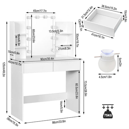 Dressing Table - Make-up Table - Dressing Table with Mirror and Lighting - LED Mirror - 2 Drawers - 4 Storage Shelves - Adjustable Lighting - 90x40x135 cm - 75 kg - White
