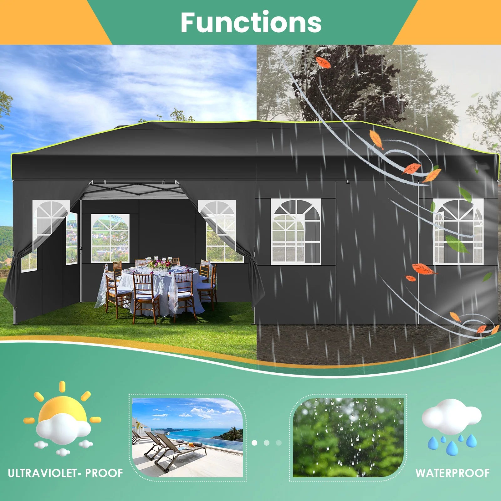 Partytent – Opvouwbare Tent – Buiten Tent – Tuin Tent – 3x6 Meter – Waterdicht – UV-Bestendig - Zwart - QUORE