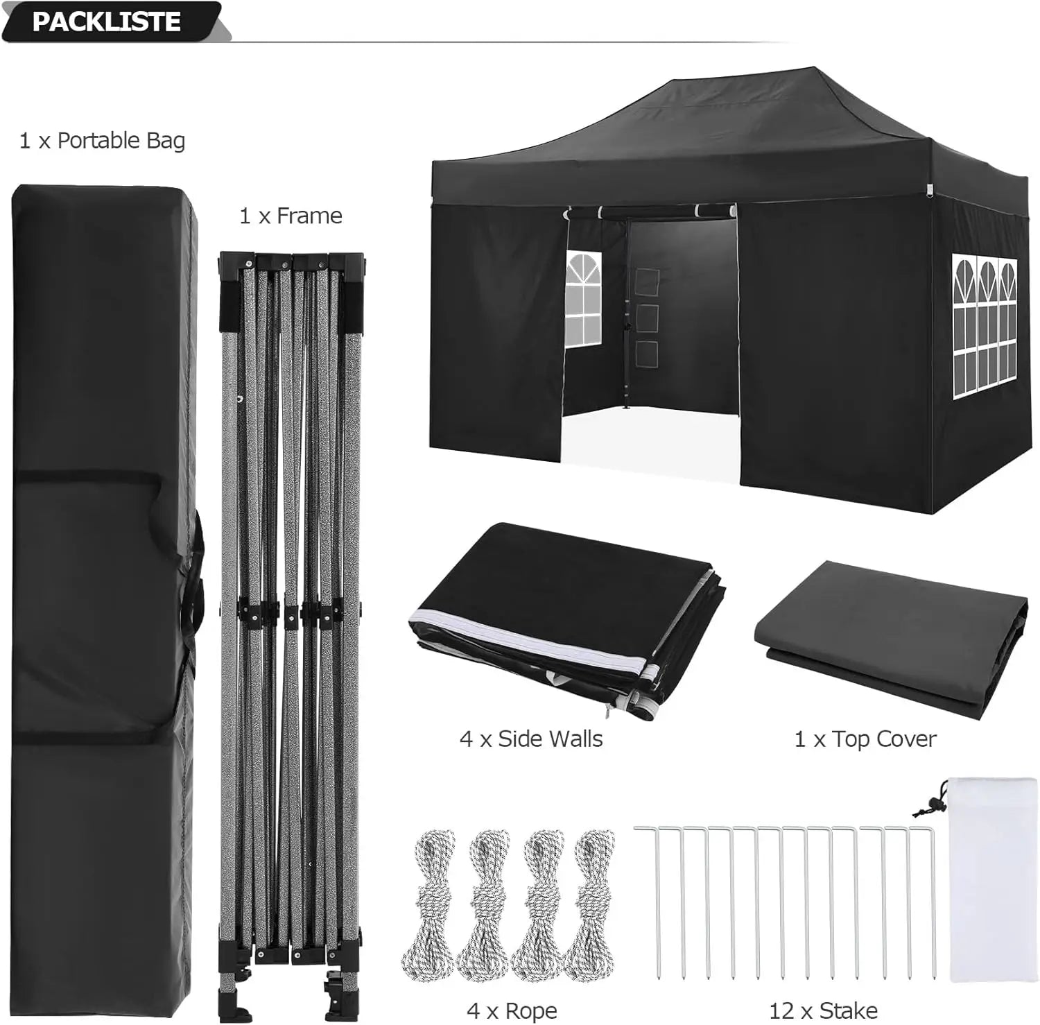 Paviljoen - Tuinpaviljoen - Partytent - Tuintent - Pop-up Kliksysteem - Stabiel - Vouwtent - met 4 Zijwanden - Opvouwbaar - Waterdicht - Winterbestendig - 50+UV-Bescherming - voor Tuin - Buiten - Achtertuin - 3 x 4.5 m - Zwart - QUORE