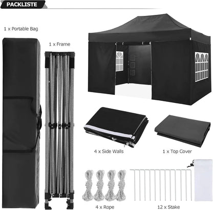 Paviljoen - Tuinpaviljoen - Partytent - Tuintent - Pop-up Kliksysteem - Stabiel - Vouwtent - met 4 Zijwanden - Opvouwbaar - Waterdicht - Winterbestendig - 50+UV-Bescherming - voor Tuin - Buiten - Achtertuin - 3 x 4.5 m - Zwart - QUORE