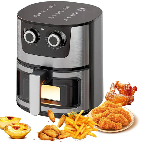 Digital Airfryer - PFAS free - Large 7 Liter - Hot air fryer - Black - Digital screen - Including height-adjustable Grill rack - with Touch Control - non-Basket &amp; Visible windows - Family size