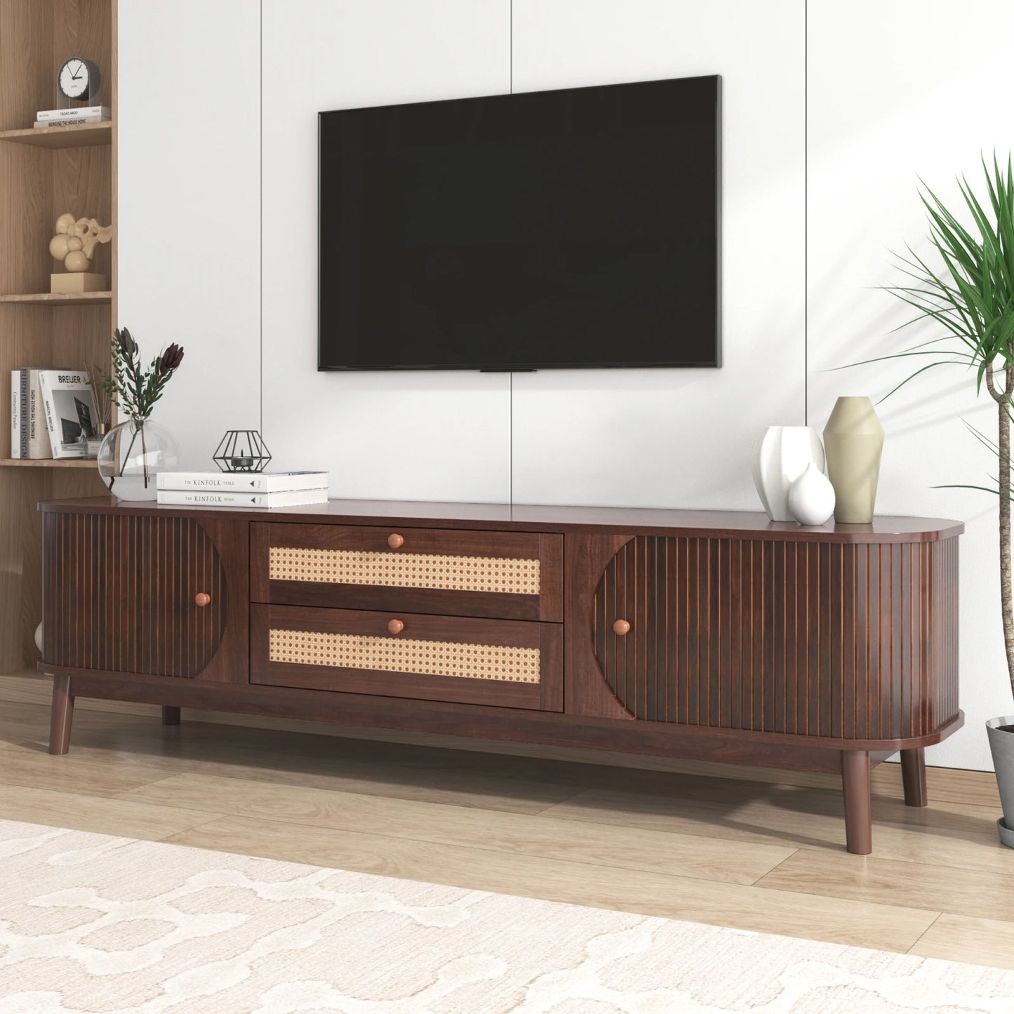 Tv-kast – TV Meubel – TV Dressoir – Livingroom Furniture – TV Standaard – Massief Hout – Handgevlochten Rieten Lades - QUORE