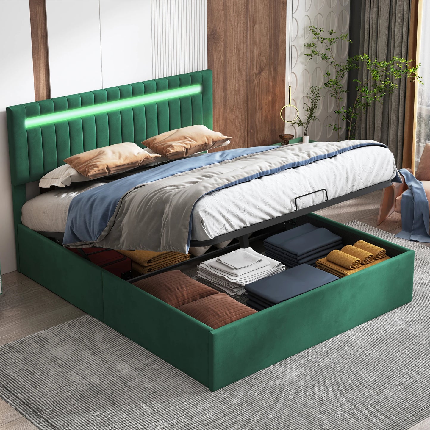 bedframe – tweepersoonsbed – jeugdbed – gastenbed – gestoffeerd bed – 160x200 cm – groene velvet stof – LED sfeerverlichting – USB oplaadpoort – opbergruimte