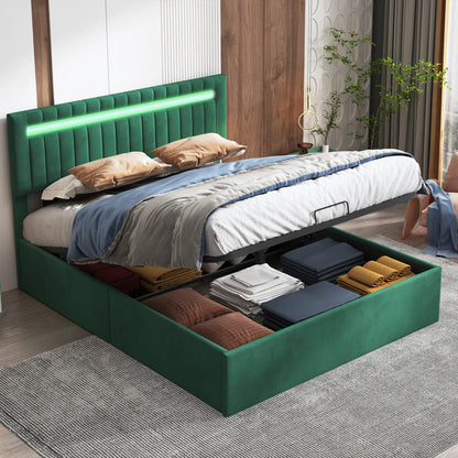 bedframe – tweepersoonsbed – jeugdbed – gastenbed – gestoffeerd bed – 160x200 cm – groene velvet stof – LED sfeerverlichting – USB oplaadpoort – opbergruimte