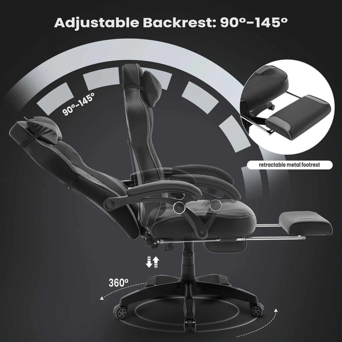 Ergonomische Gaming- en Bureaustoel – Comfortabele Werkstoel – Verstelbare Rugleuning – Voetensteun – Kunstleer – Maximale Draagkracht 120 Kg – Zwenkwielen - Grijs