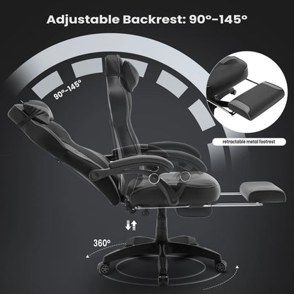 Ergonomische Gaming- en Bureaustoel – Comfortabele Werkstoel – Verstelbare Rugleuning – Voetensteun – Kunstleer – Maximale Draagkracht 120 Kg – Zwenkwielen - Grijs