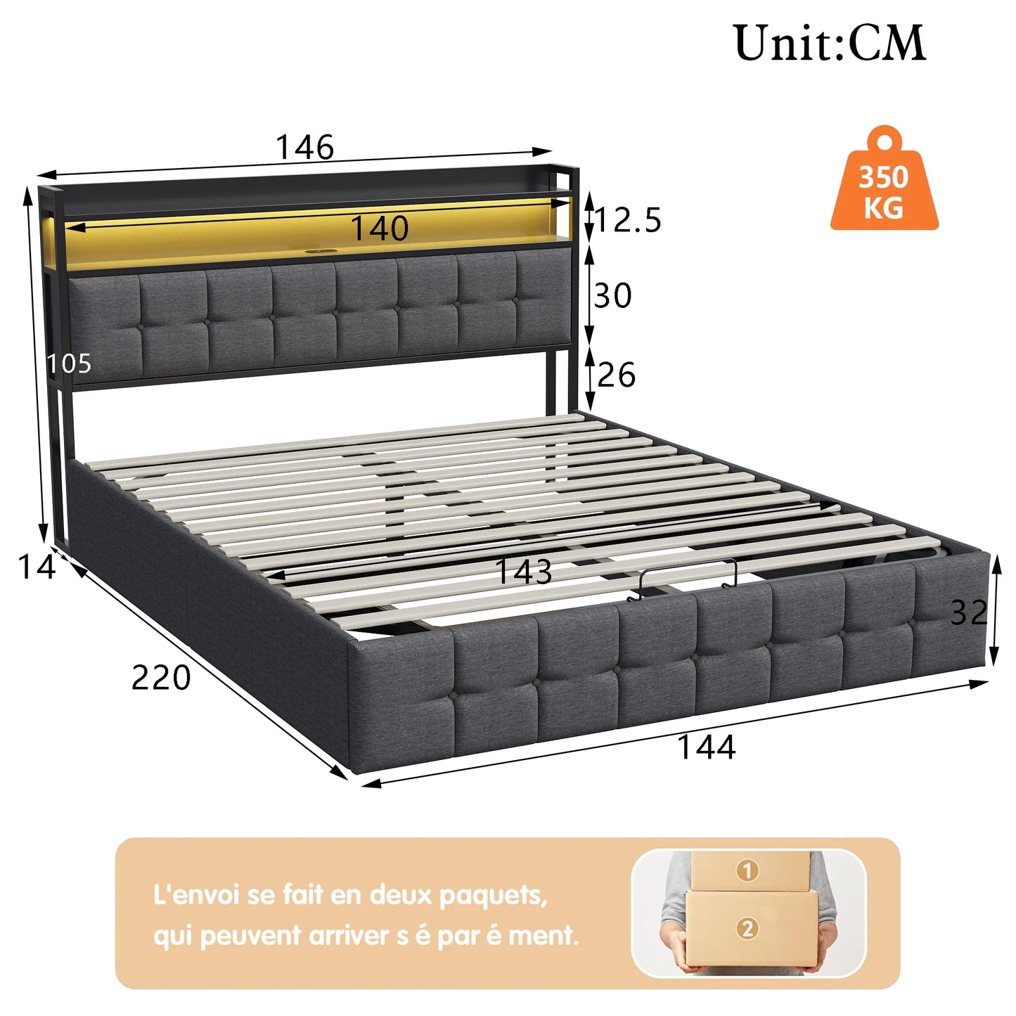 Gestoffeerd Bed – Bedframe Met Opbergruimte – Slaapbed – Eenpersoonsbed – Tweepersoonsbed – PU Materiaal – Gasdrukveren Opbergruimte – 140x200 cm