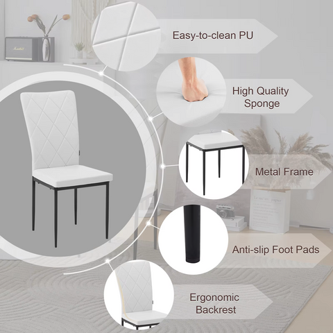 Chair - Dining Room Chairs - Set of 4 Leather Dining Room Chairs - Ergonomic - Metal Legs - High Backrest - Comfortable &amp; Stable - For Kitchen - Dining Room - 42x94.5x 59cm - White Leather